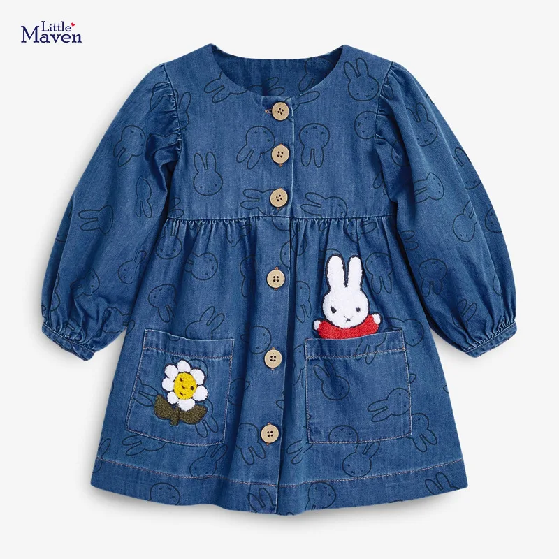 

Джинсовое платье с длинными рукавами Little maven, весна и осень, повседневная детская одежда в виде кролика для маленьких девочек, женская одежд...