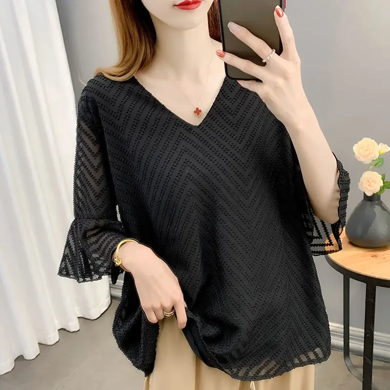

Flare Sleeve Thin Short Sleeve Chiffon Shirt Women's Summer 2021 New European Style Loose Large Size Top Women Sexy Tops