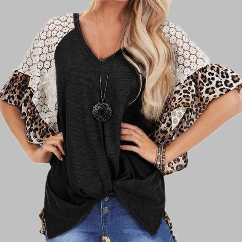 

2021 women's fashion leopard lace raglan sleeve T-shirt twisted irregular top