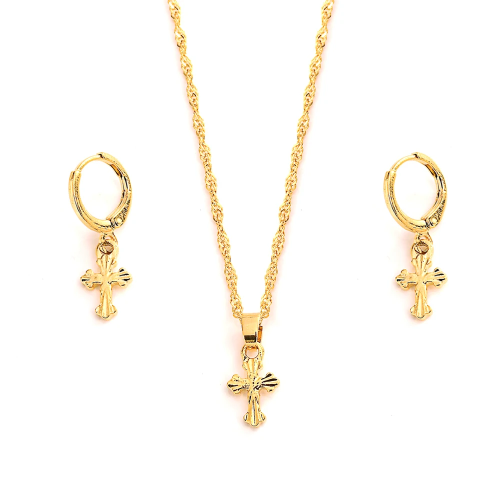 

New african Jewelry Sets gold Cross Pendant earrings Necklace For Women Chain girls kids party Jewelry Dubai Arab gift