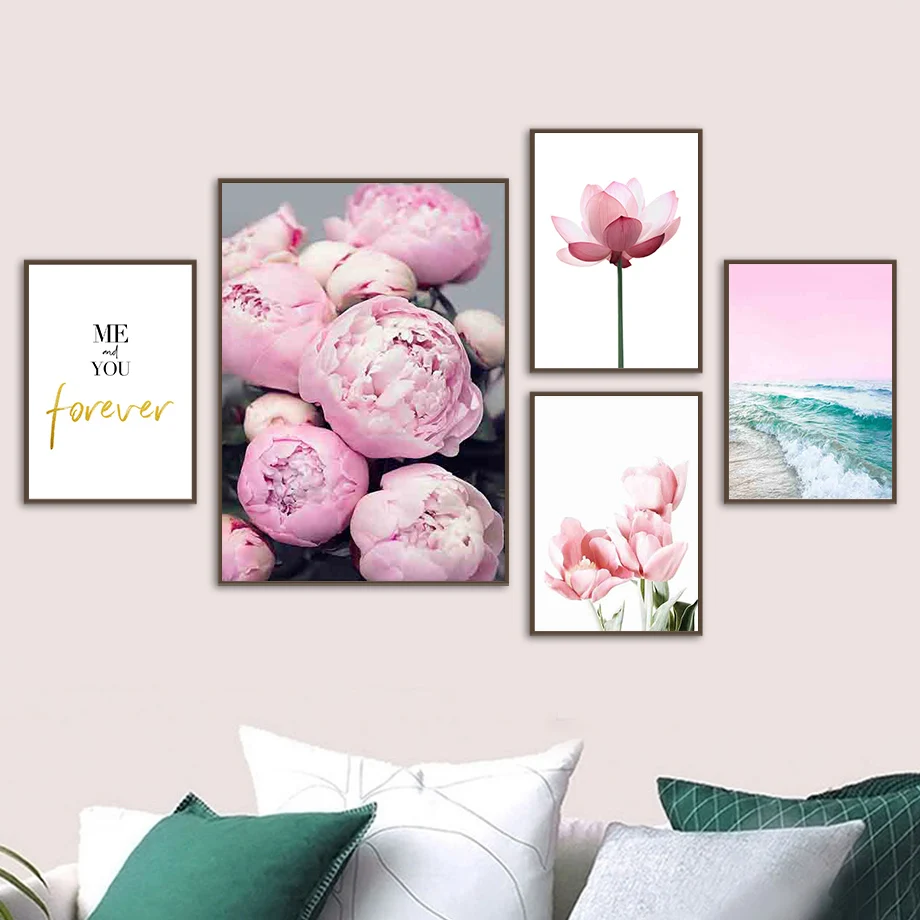 

Peony Lotus Tulip Sea Waves Leaf Quote Wall Art Canvas Painting Nordic Posters And Prints Wall Pictures For Living Room Decor