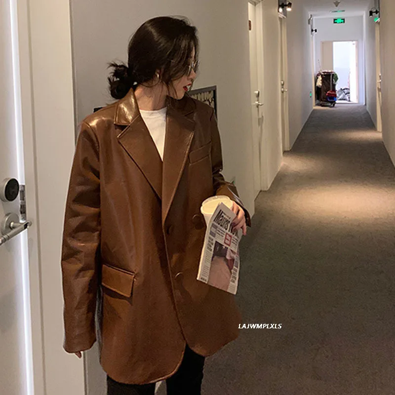 

2021 Casual Faux Leather Coat Women Tide Fashion Vintage New Style Turn Down Collar Long Sleeve Double Breasted Elegant Coat