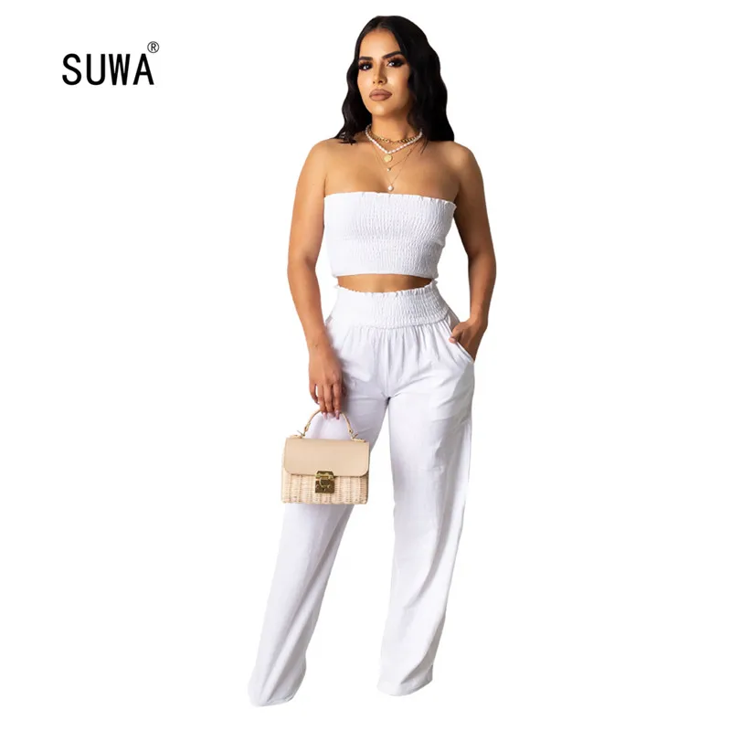 

Костюм женский летний из 2 предметов, модный пикантный Белый Топ без бретелек и широкие брюки с высокой талией