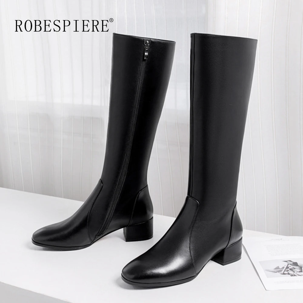 Женские сапоги до колена ROBESPIERE черные из натуральной кожи с круглым носком на