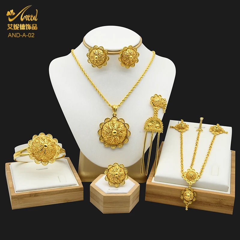 Ethiopian Bridal Jewelry Sets 24K Gold Plated Headwear Necklace Earrings Bracelet Ring Habesha Wedding Jewellery Set For Women