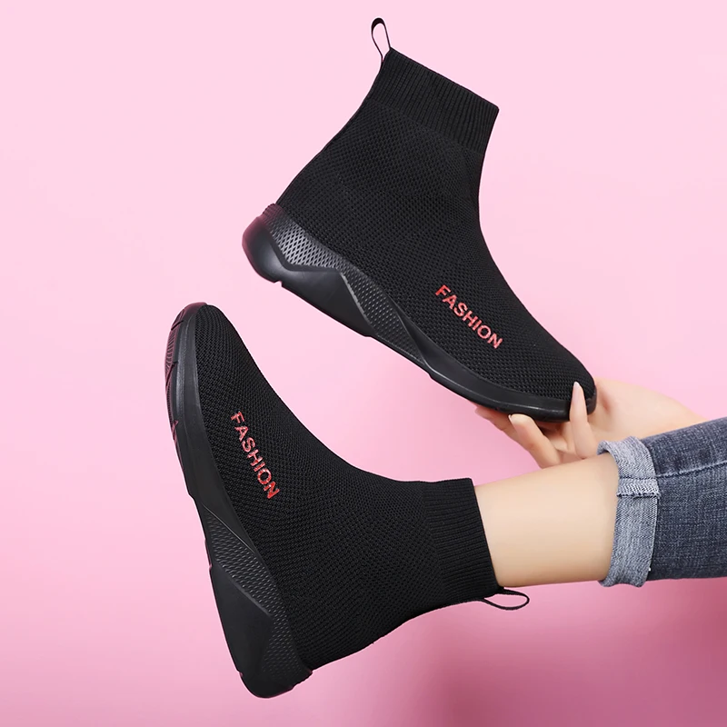 Black Sports Socks Shoes Women Fashion Tennis Flats Summer 2023 High Top Elastic Sneakers Slip On Casual Woman Barefoot Shoes