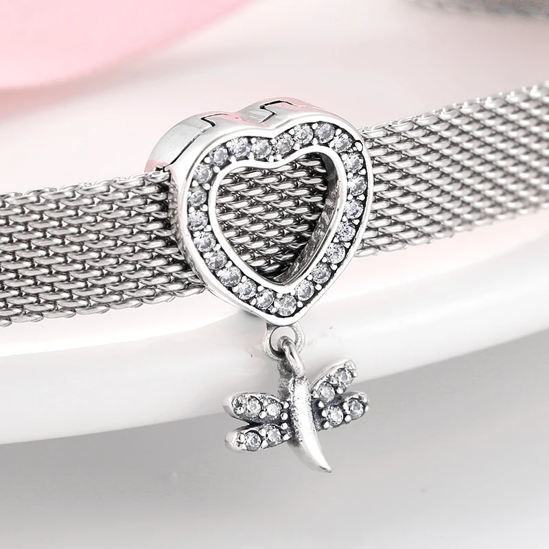 Настоящее модное серебро 925 пробы полое сердце с стрекозой прозрачный CZ зажим