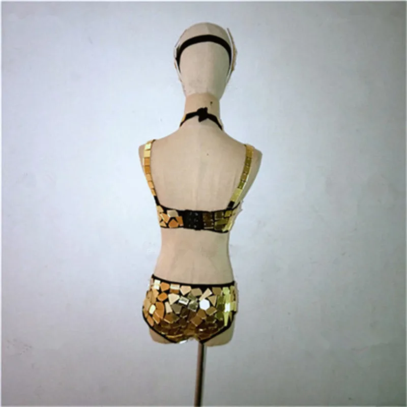 Gold Silver Mirror Bodysuit Sequins Mask Sexy Hollow Out Backless Dance Costume Bar Night Club DJ Singer Dancer Team Bodysuits