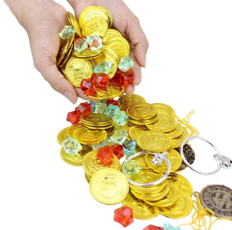

60pcs/Set Kids Pirate Treasure Toys Treasure Chest Gold Coin Gem Toy Pirate Dress Up Set toys