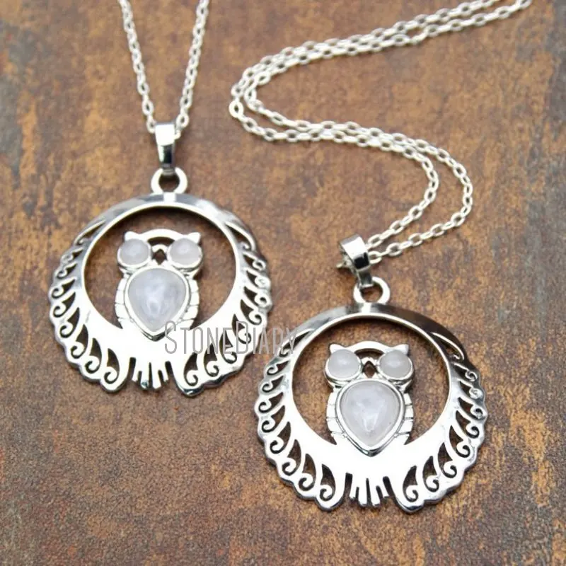 Недорогое ожерелье NM15384 в виде совы с серебряной отделкой из розового кварца 18-32