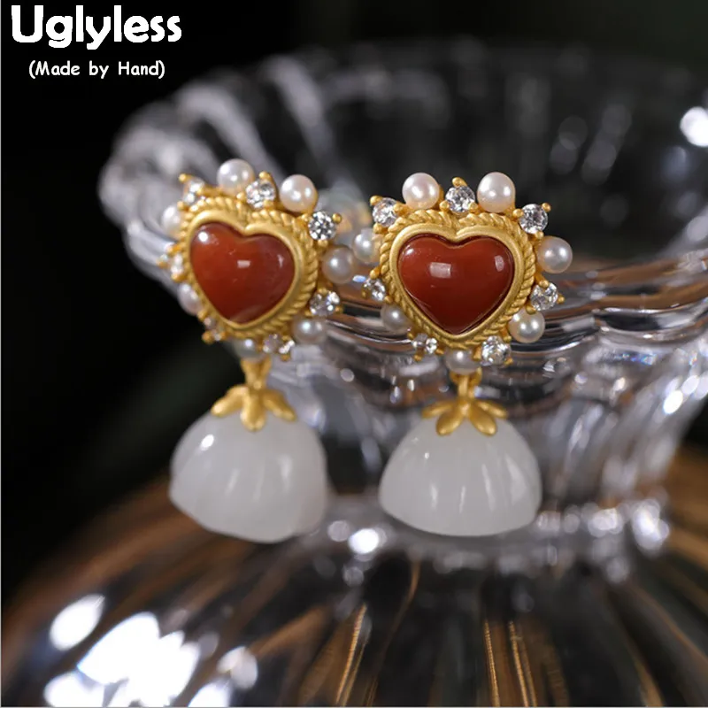

Uglyless LOVE Heart Agate Earrings for Women Natural Jade Lotus Earrings Real 925 Silver Plate Gold Brincos Pearls Jewelry E1346
