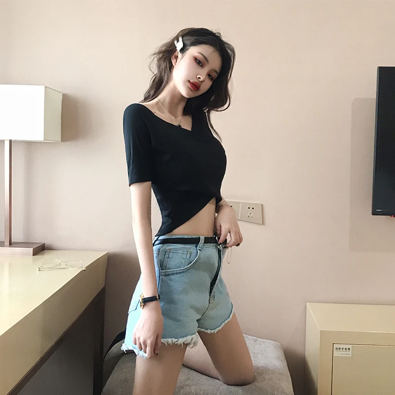 

Short-Sleeved T-shirt Women Summer High Waist Short T-shirt Korean Version Tight Thin Womens Clothing