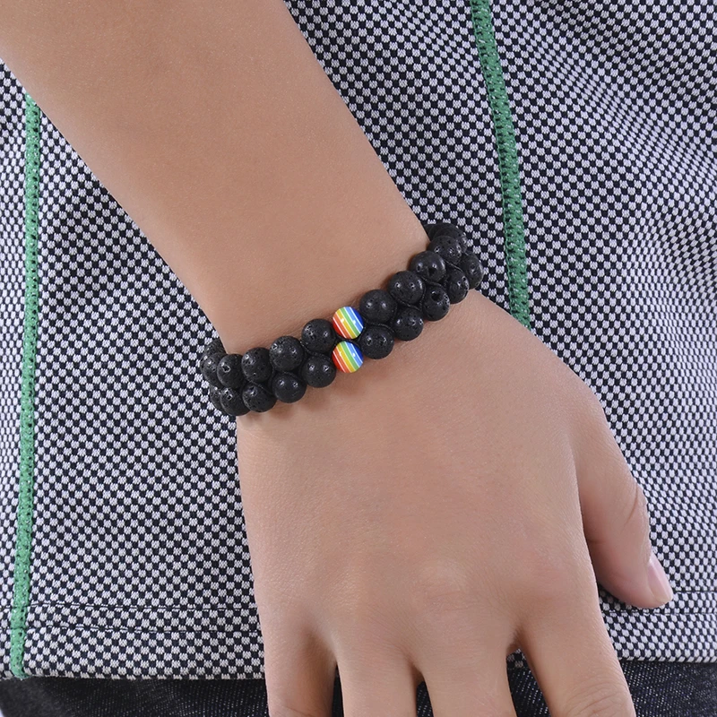 

Fashion Natural Stone Beads Bracelet Double Layer Lava Rock Stone Bracelet LGBT Pride Rainbow Bracelets Jewelry For Couples