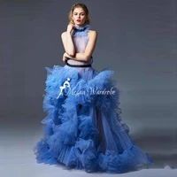 pretty fashion blue ruffles pleated tulle long women party dresses extra puffy ruffled turtleneck sheer see thru top prom gowns