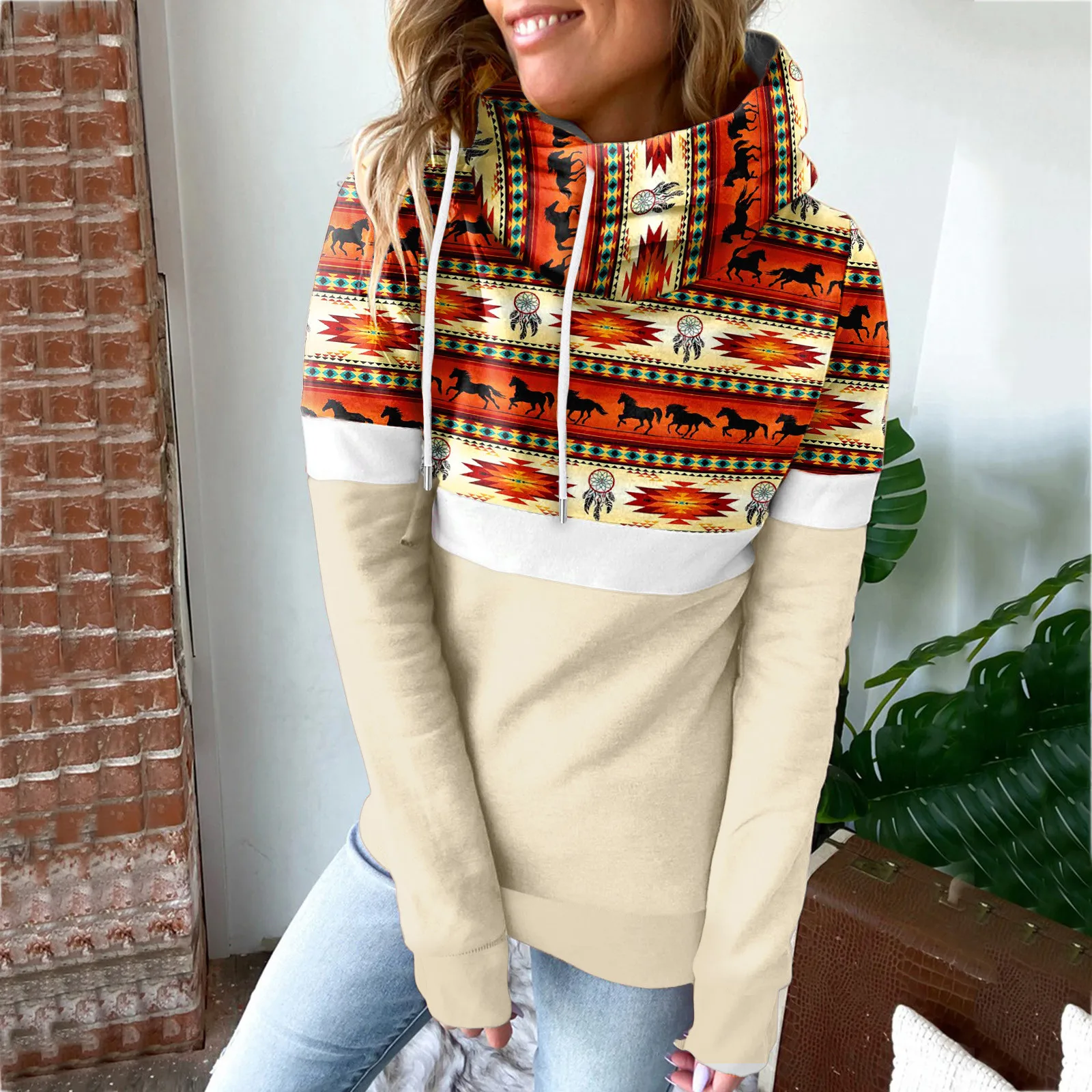 

Women Hoodies Sweatshirt Casual Pullover Color Matching Tribal Printed Oversized Hoodie Long Sleeve Turtleneck Top Women Clothes