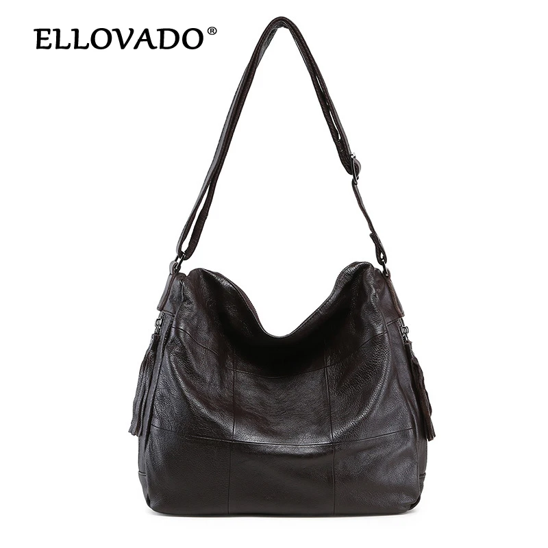Ellovado High Quality Genuine Leather Tassel Women Shoulder Bag Large Leather Handbags Famous Brand Big Ladies Croseebody Bag