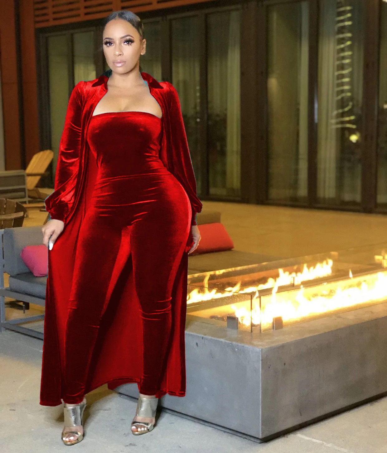 

Plus Size Women Solid Velvet Three Piece Sets Casual Skinny Jumpsuits + Turn-Down Collar Lantern Sleeve Ankle-Length Outfits