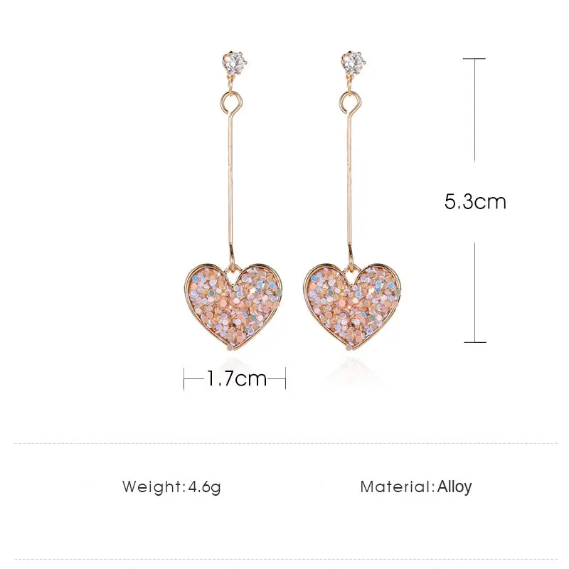Корейские розовые висячие серьги с пайетками в форме сердца для женщин длинные