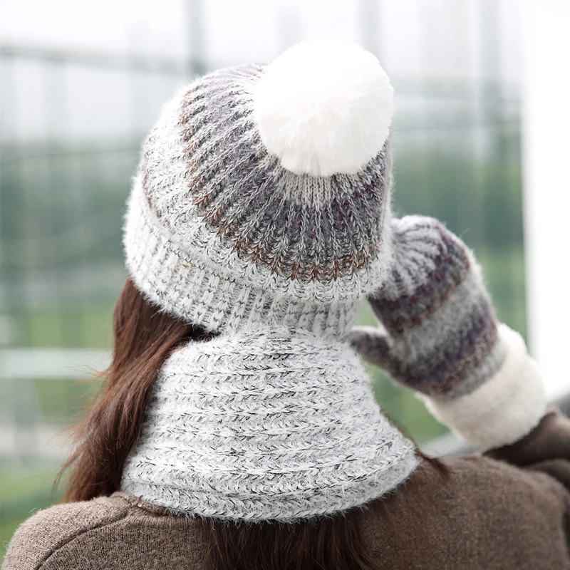 Winter Pompon Hat Scarf Goloves Set For Women Elegant Kintted Warm With Lining High-Quality Female Beanies Three-piece |