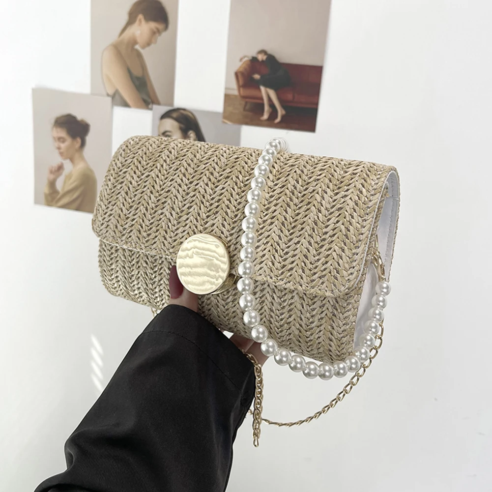 Соломенная Сумка для женщин, роскошный брендовый мессенджер на цепочке через плечо, маленькая дамская сумочка с клапаном для пляжа и фотосъ...