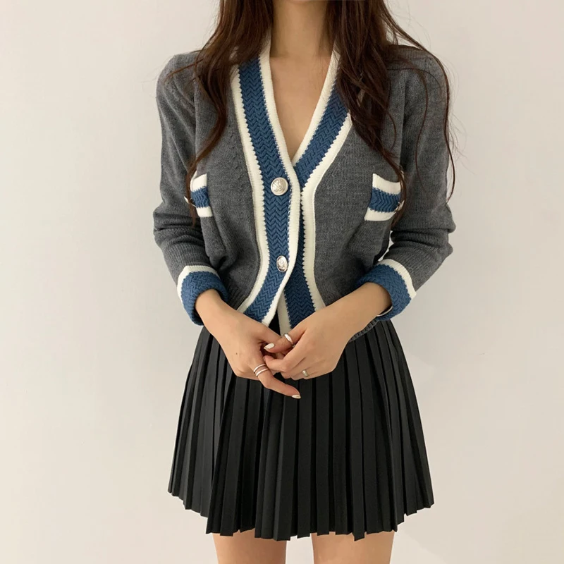 ZCSMLL Korea Chic Vintage Fashion V-neck Color Matching Knitted Cardigan Long Sleeve Loose 2021 New Autumn Women Sweater | Женская
