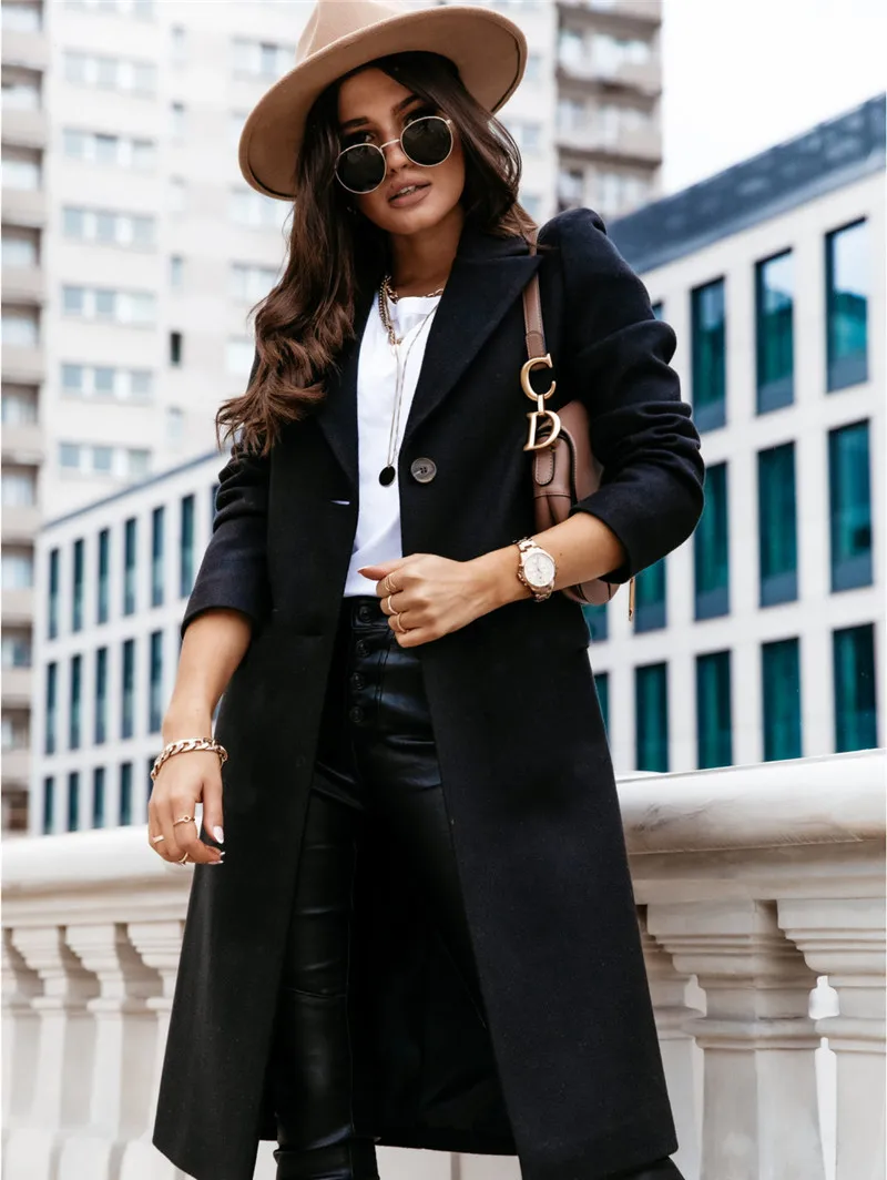 

Long Coat Women Casual Long Sleeve Lapel Neck Coat Autumn Winter Elegant Fashion Single Breasted Solid Color Coat for Women