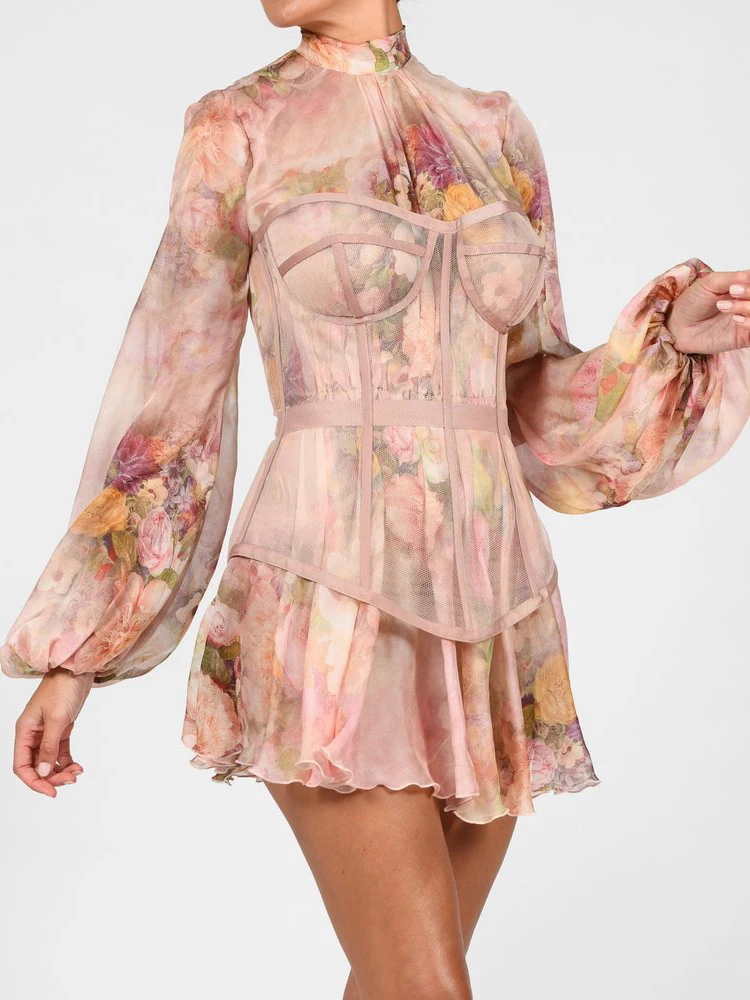 

MSXU 2021floral casual dresses new European and American fashion self-cultivation sexy mesh see-through dress female beaded casu