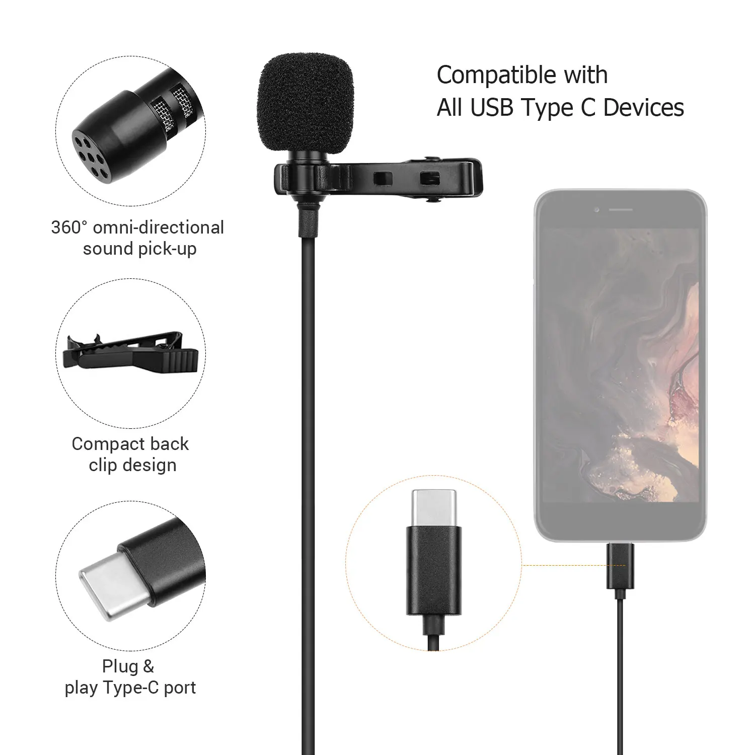 Всенаправленный петличный микрофон типа C записывающий конденсаторный с