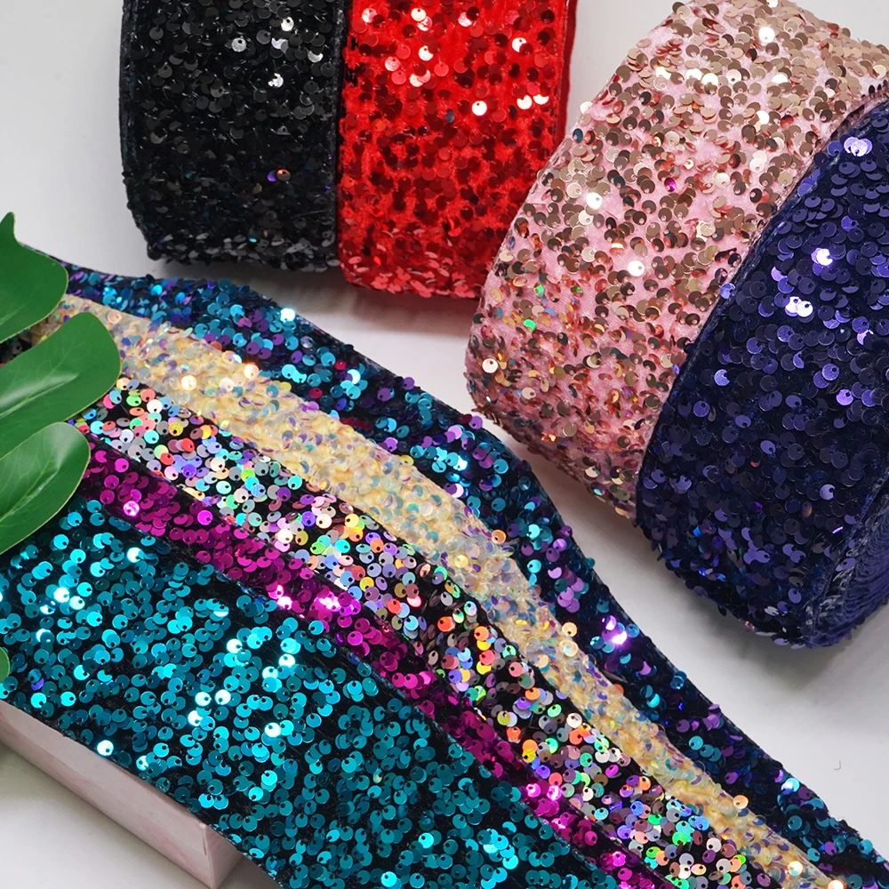 3 inch 75mm 38mm Sequin Velvet Ribbon DIY Holiday Cheer Hair Bow Material Handmade Deco Accessories