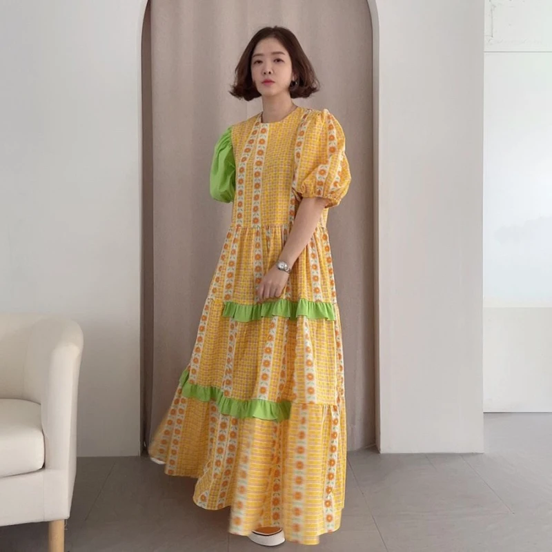 

GALCAUR Print Designer Dress For Women O Neck Puff Short Sleeve Ankle Length Patchwork Hit Color Dresses Female Fashion 2021 New