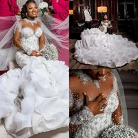 mermaid wedding dresses bridal gown beaded crystals sequins chapel train long sleeves custom made vestidos de noiva tiered 2023