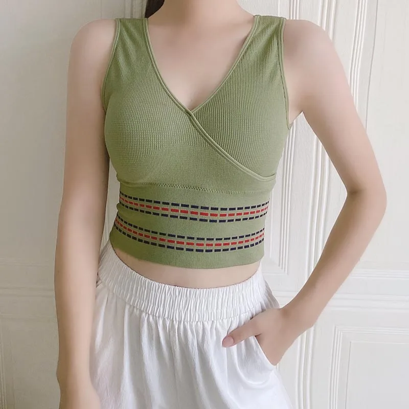 

High Quality Retro Women Sports Bra Comfortable Yoga Underwear No Steel Ring Fitness Cute V Neck Pink Vest Small Fresh Backless