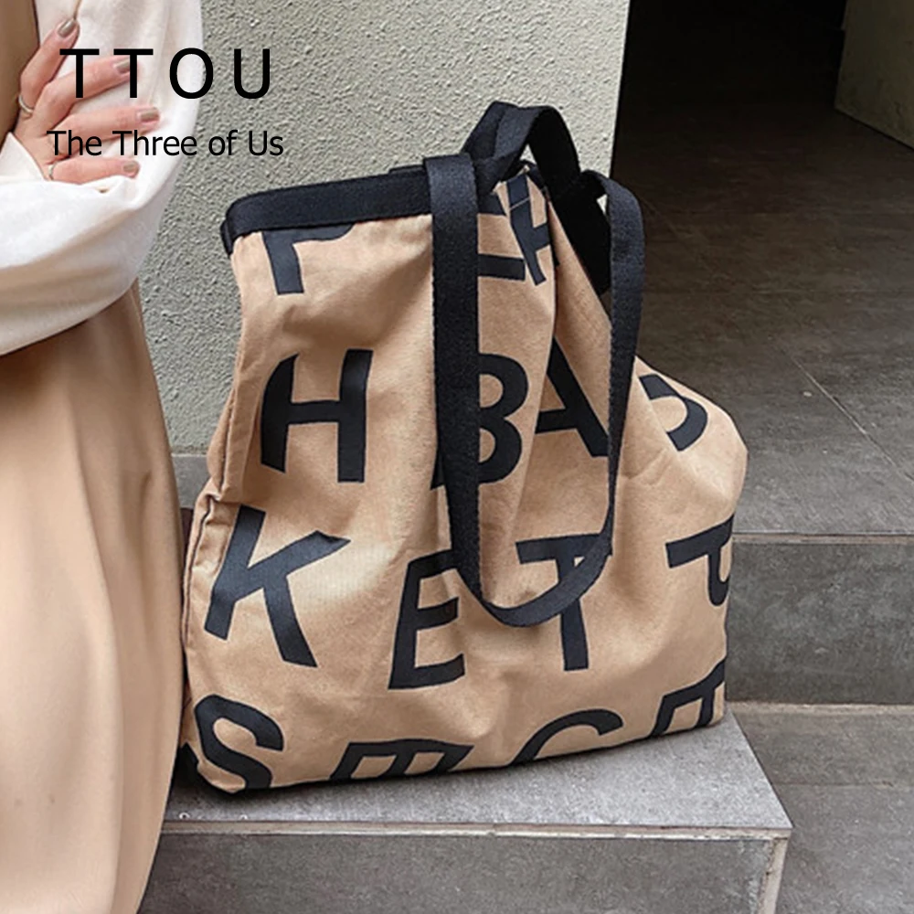 

Large Capacity Canvas Shoulder Bags For Women 2021 Fashion Letter Design Big Famale Handbags Ladies Travel Shopper Totes