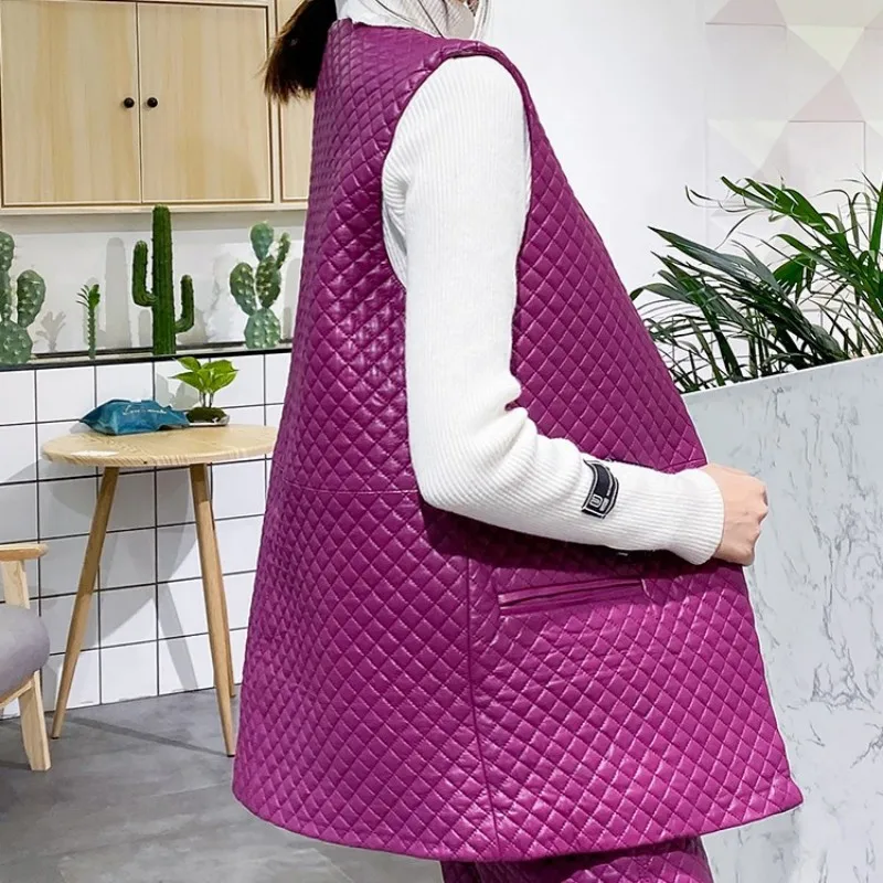 

Women Autumn Winter Genuine Leather Vest Coat V Neck Mid Long Sleeveless Jacket Padded Warm Pearls Waistcoat Ladies Vests Top