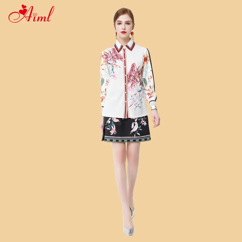 

Designer 2020 Summer Female Lapel Diamonds Luxury 2 piece set bird Print Long Sleeve Blouse Skirt Sashion lady Holiday New Suit
