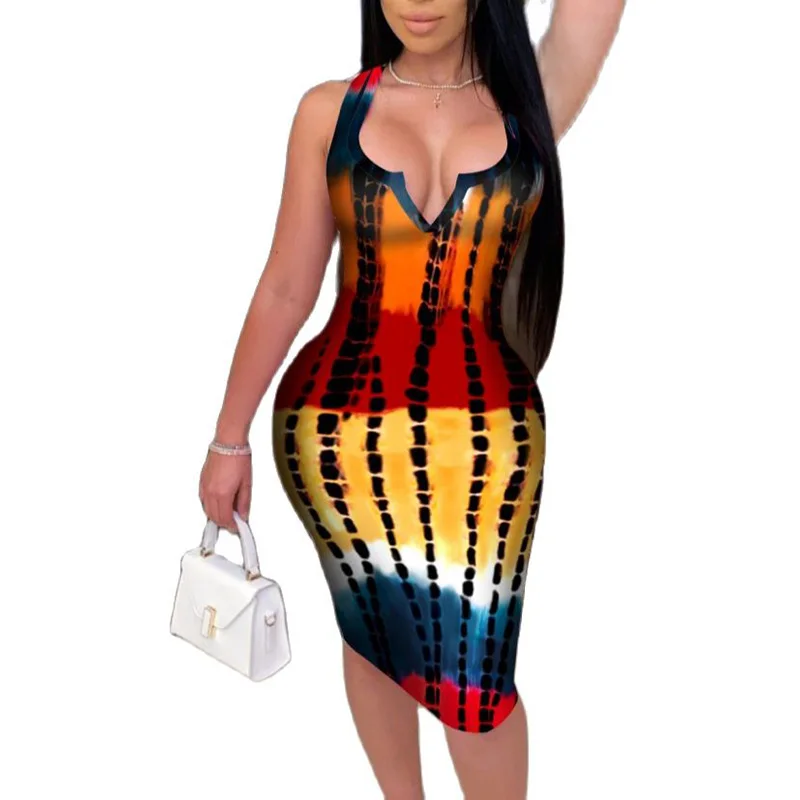 

Plus Size Sexy Sleeveless V-neck Bodycon Dress Women New Tie-dye Striped Print Casual Slim Hips Tank Knee Length Party Vestidos