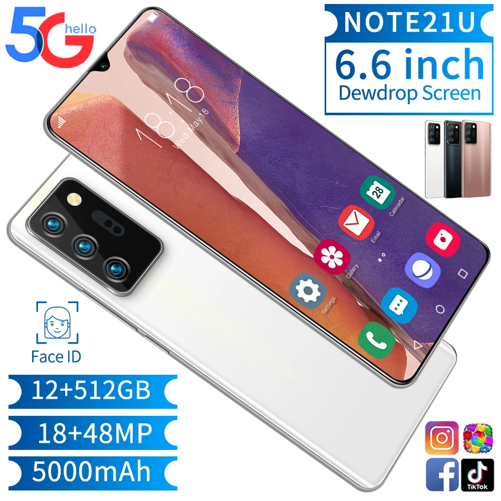 

Global Version Newest 6.6" Note21U Smartphone 5G LTE 12GB RAM 512GB ROM 5000mAh GPS 18+48MP Face ID MTK6889 Android 10.0 Phone