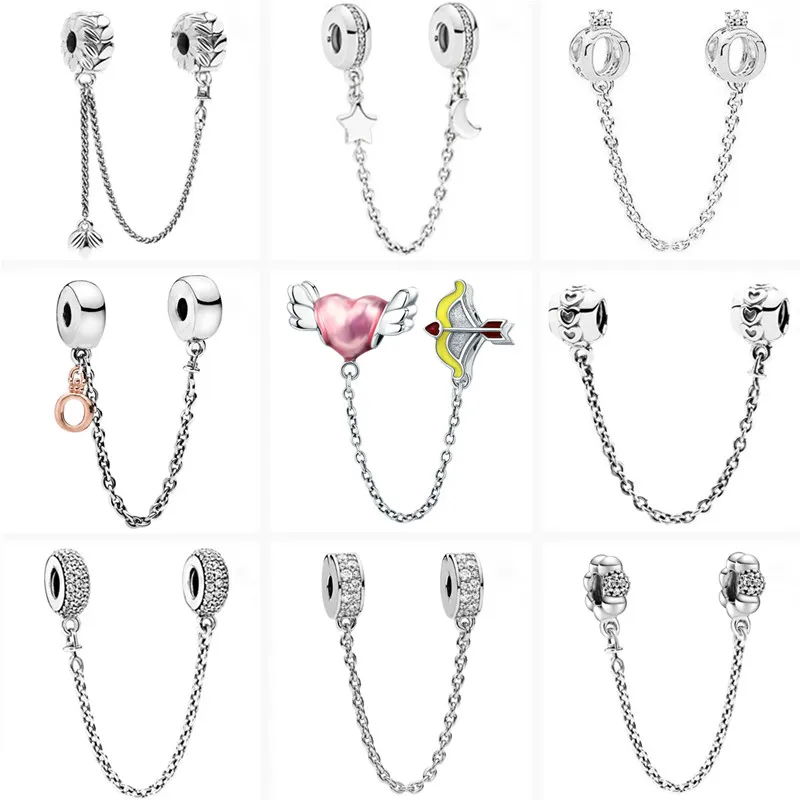 

New Crown Arrow Heart Stars Moon Pavé Sparkling Safety Chain Beads Fit Original Pandora Charms Silver Color Bracelet DIY Jewelry