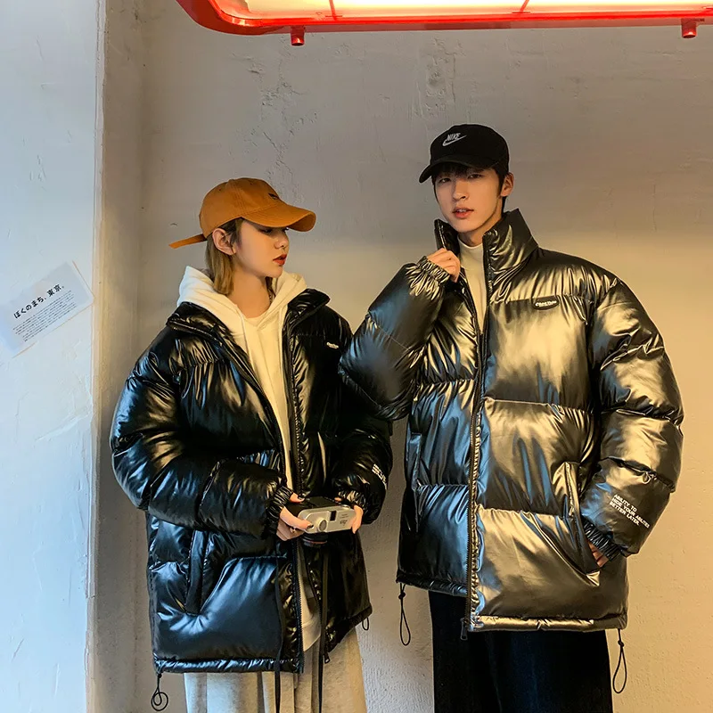 Winter New bright leather PU waterproof down padded jacket men's men and women with thickening clothing 2021 | Мужская одежда