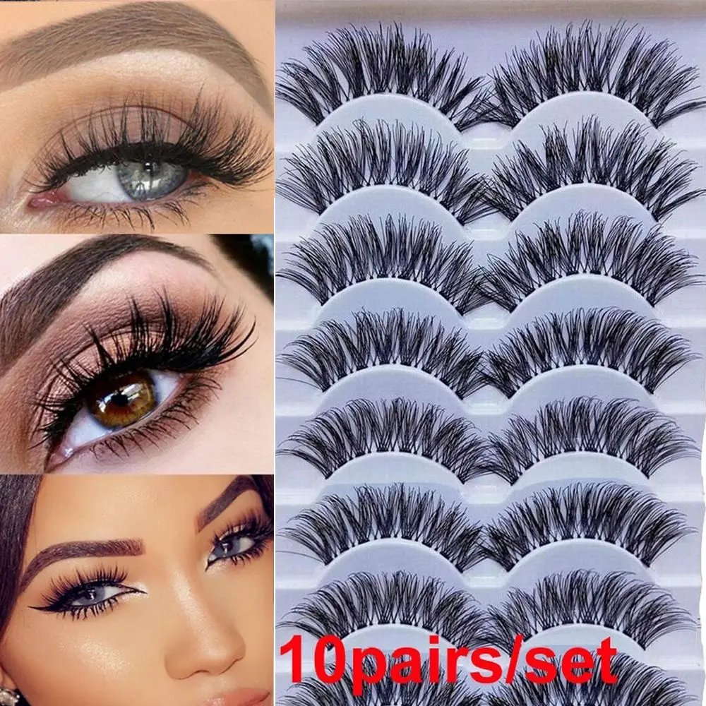 

SKONHED 10 Pairs Wispies False Eyelashes Thick Long Crisscross Lashes Extension Handmade EyeMakeup Tools