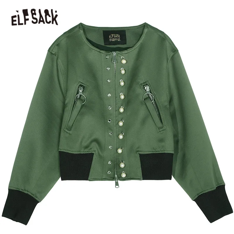 ELFSACK Ретро стиль вышитые расклешенные атласные женские куртки осень 2019 зеленая