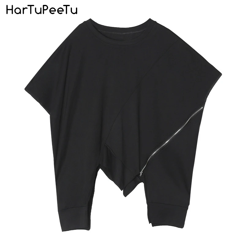 

Wave Cut Summer Tops Women Irregular T Shirt Oversize White Black Loose Fit Casual Zipper Decorate Boyfriend Tee Shirt 2021