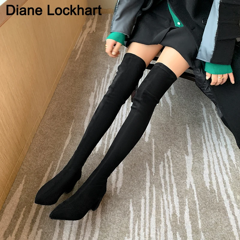 Ботфорты женские на высоком каблуке пикантные эластичные сапоги до бедра