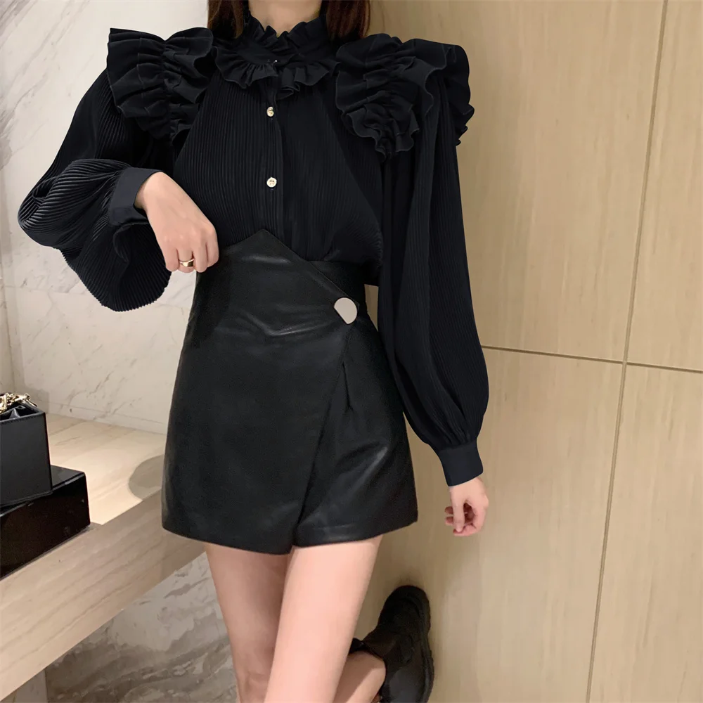 

Alien Kitty New OL Women Two Pieces Sets Ruffles Solid Loose Shirts Autumn Chic 2021 Irregular Casual Hot PU Wide Leg Shorts