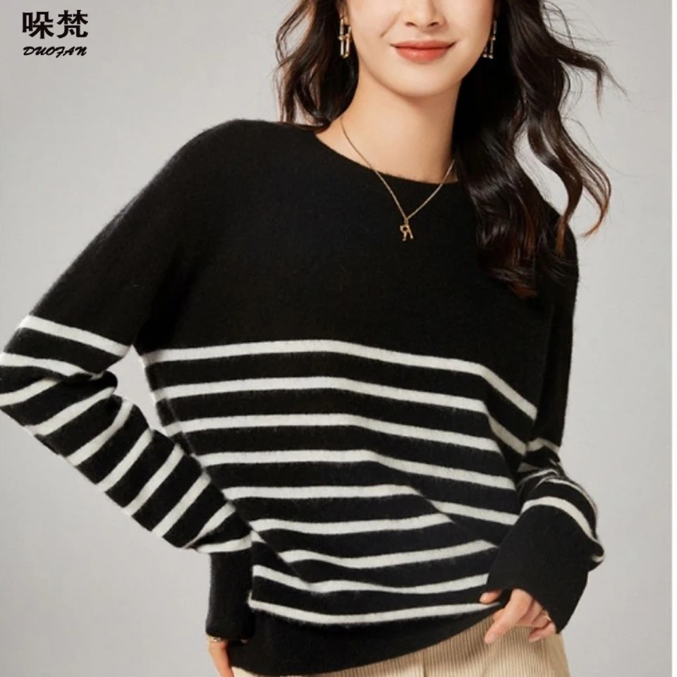 

DUOFAN Sweater Women Striped Print O Neck Pullover Knitted Sweaters Long Sleeve Top 2021 Autumn Winter Clothes Korean Jumper