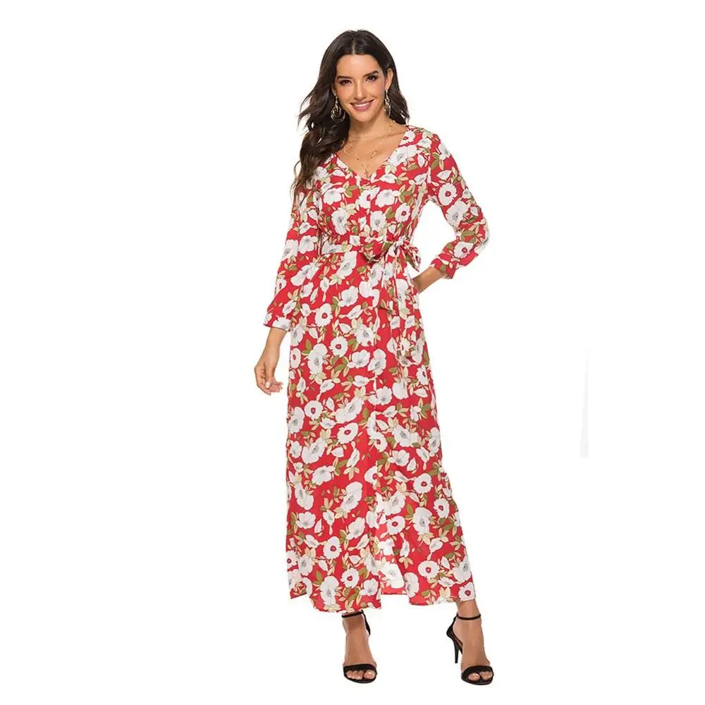 2019 осенне зимнее женское платье богемное пляжное длинное с v образным вырезом