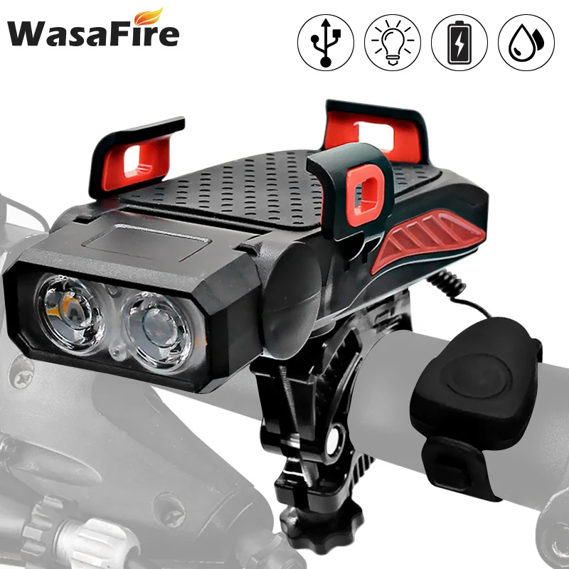

Multifunctional 4 in 1 LED Bicycle Front Light USB Rechargeable Horn Mobile Phone Holder bicycle Lamp For MTB Bike Light Lantern