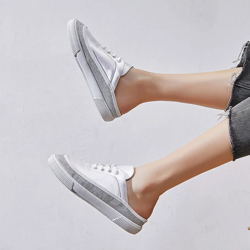 

Slik Material Hafl Slipper Mules Shoes Women Rhinestone Casual Sneakers Flats 2021 New Slip On Casual Shoes Slippers Sneakers