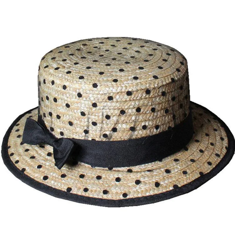 Женская соломенная шляпа от солнца черная в сеточку горошек с широкими полями