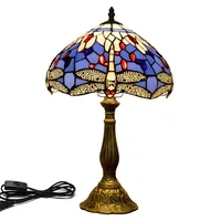 Tiffany style stained glass table lamp 12 inch Shade Blue/Green Dragonfly design table Reading lamp